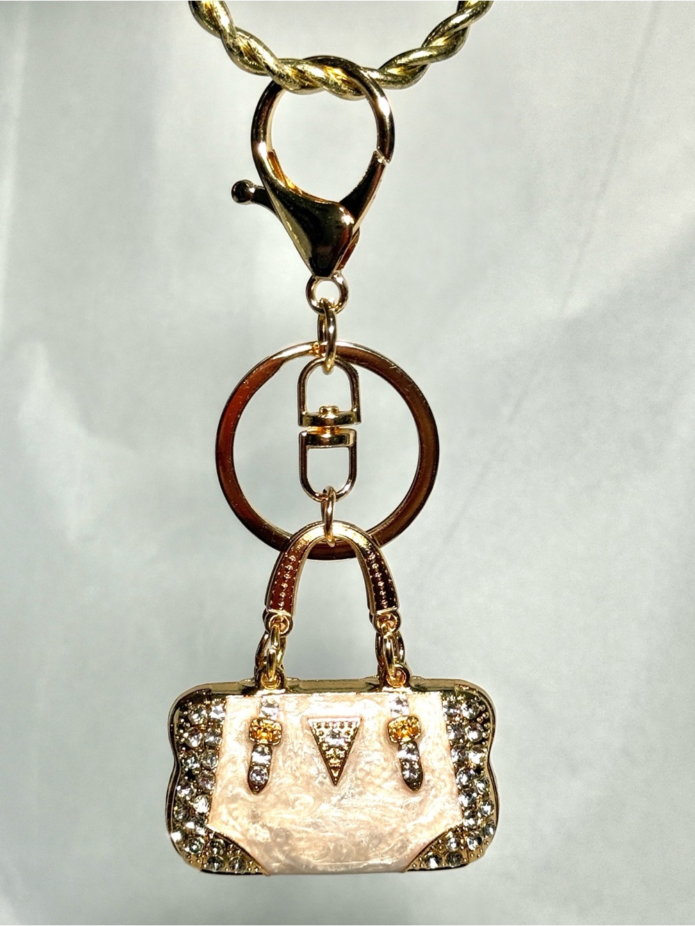 Gold-tone Pearl-tone Crystal Mini Purse With Bling Keychain